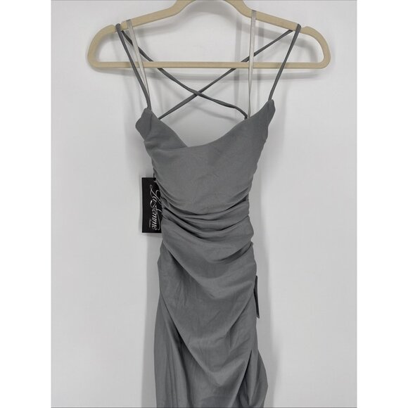 La Femme Size 4 Silver Gray Tie Back Satin Maxi Cocktail Prom Gown Dress Slit - Picture 5 of 10